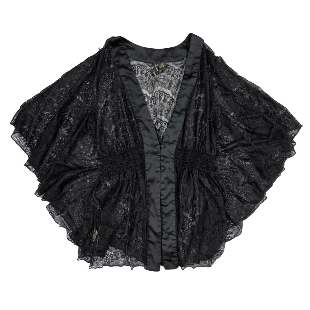 Nue Options Black Lace Kimono Top Butterfly Sleeve Smocked Waist Size L